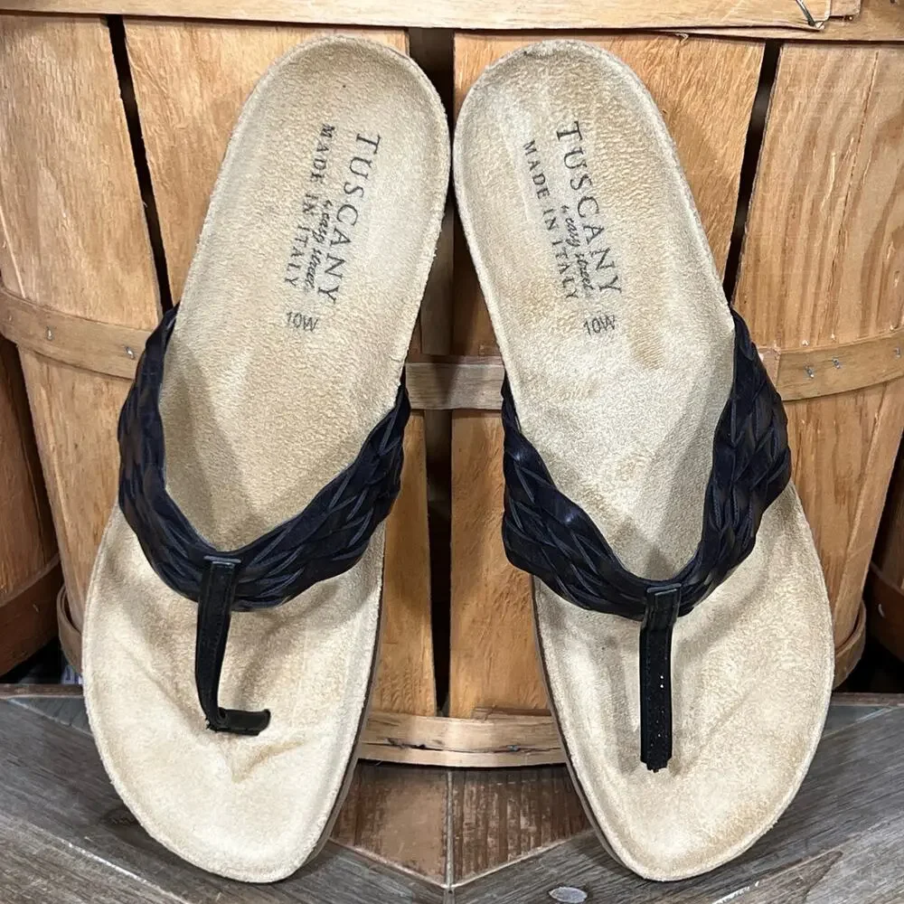 Tuscany by Easy Street Bene Wedge Cork Black Leather Thong Sandals Women 10 WIDE